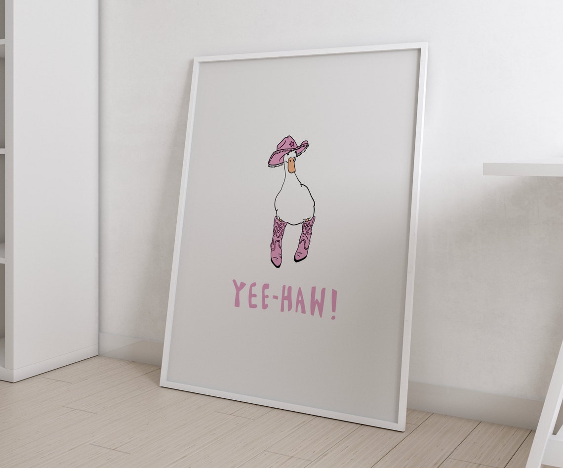 Yee Haw Cowgirl Duck In Pink Boots And Hat Trendy Animal Poster