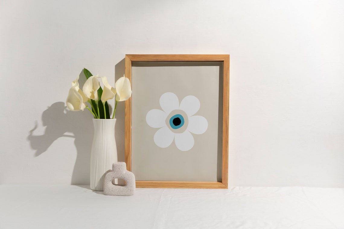 Charming White Flower Evil Eye Minimalist Beige Decor Art Poster