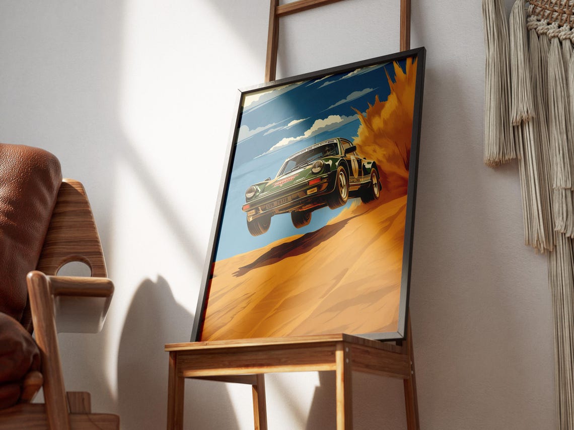 Green Porsche 911 Rally Car Jumping Desert Dune Modern Poster - Image 3