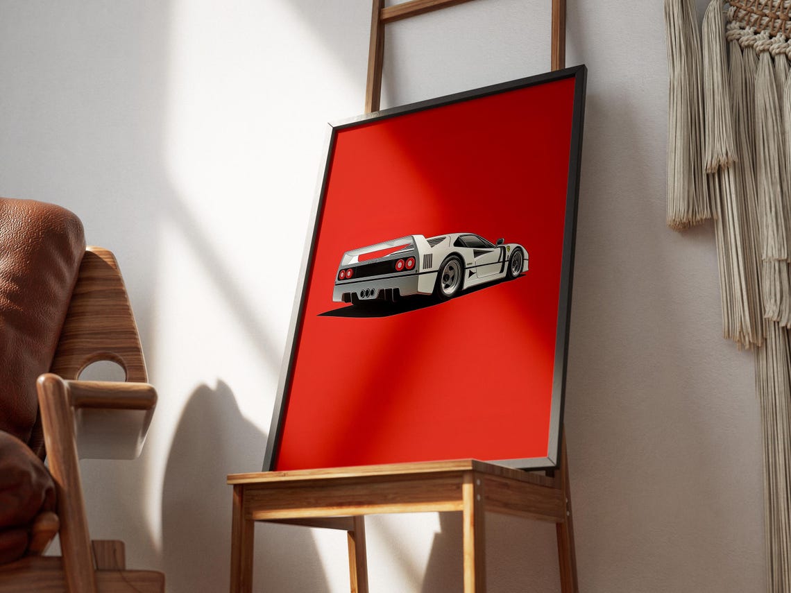 White Ferrari F40 Rear View Bold Red Background Modern Poster - Image 2