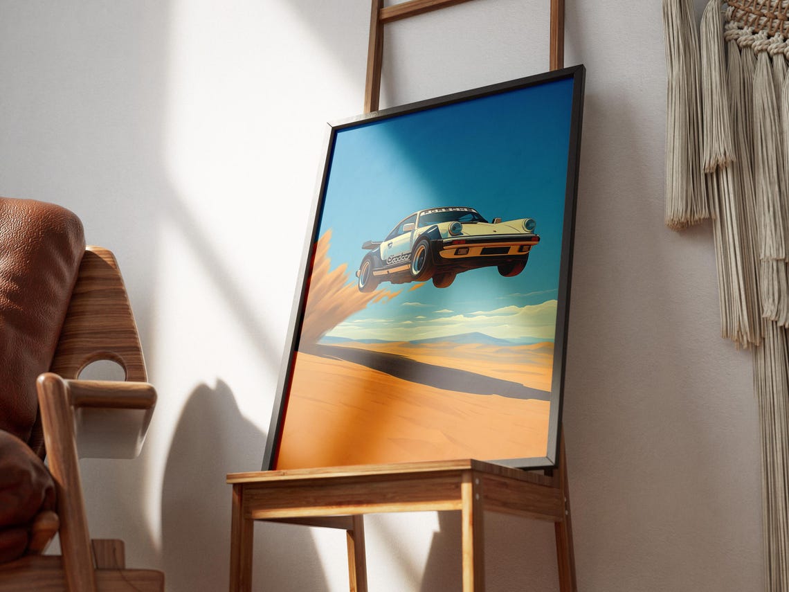 White Porsche 911 Rally Car Jumping Desert Dune Modern Poster - Image 3