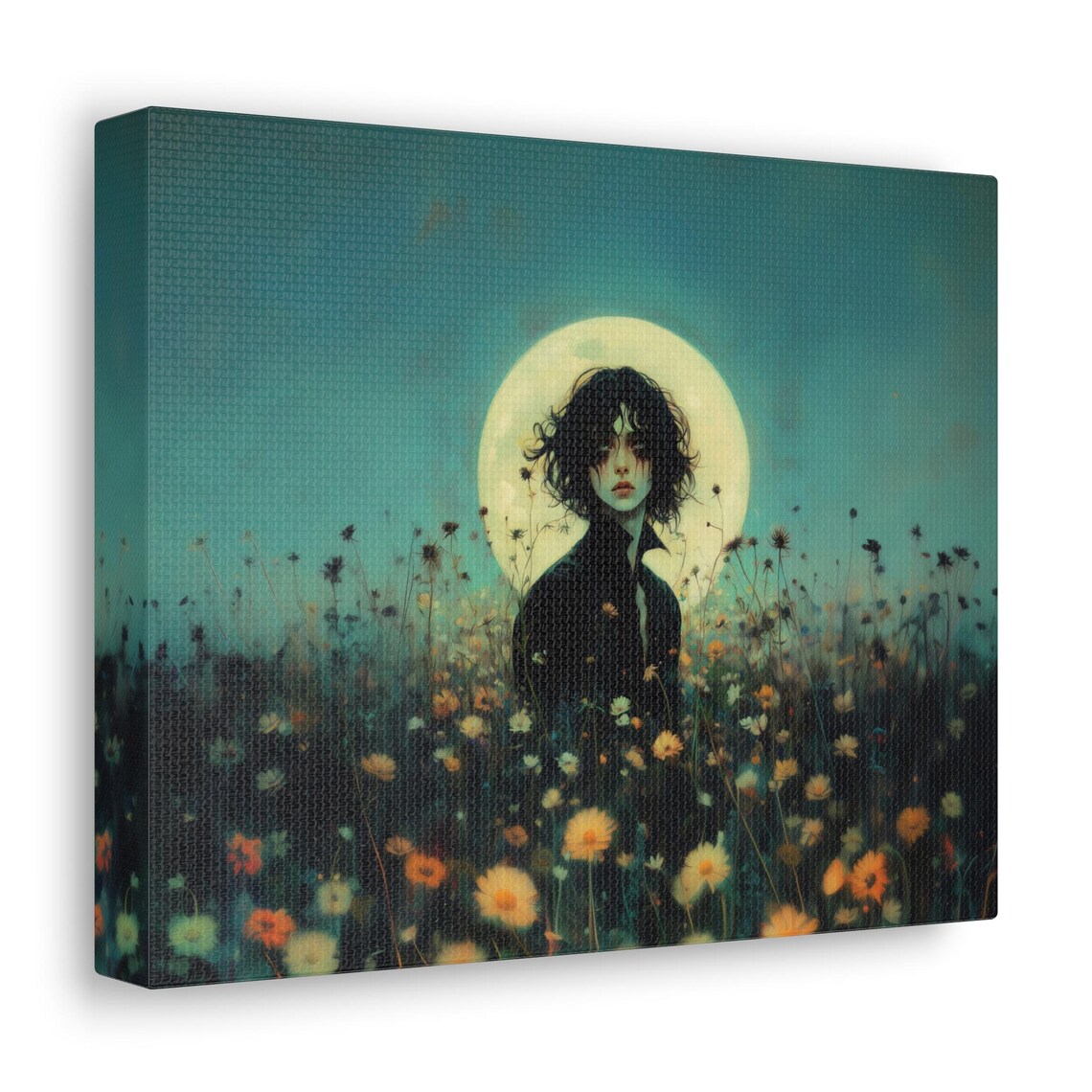 Dark Haired Vampire Among Wildflowers Beneath a Full Moon Gothic Art Poster - Image 3