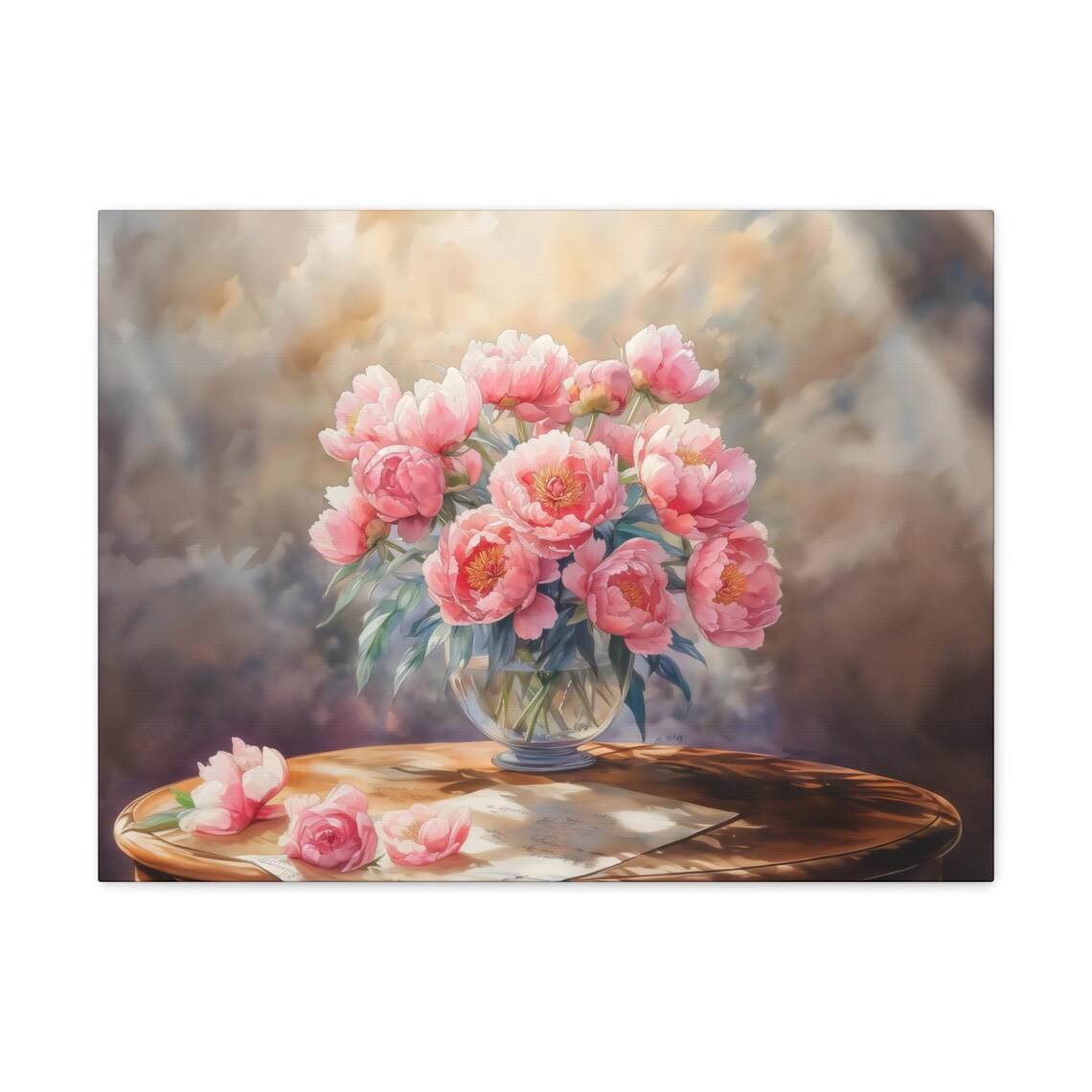 Romantic Pink Peonies in Glass Vase Watercolor Floral Poster - Image 2