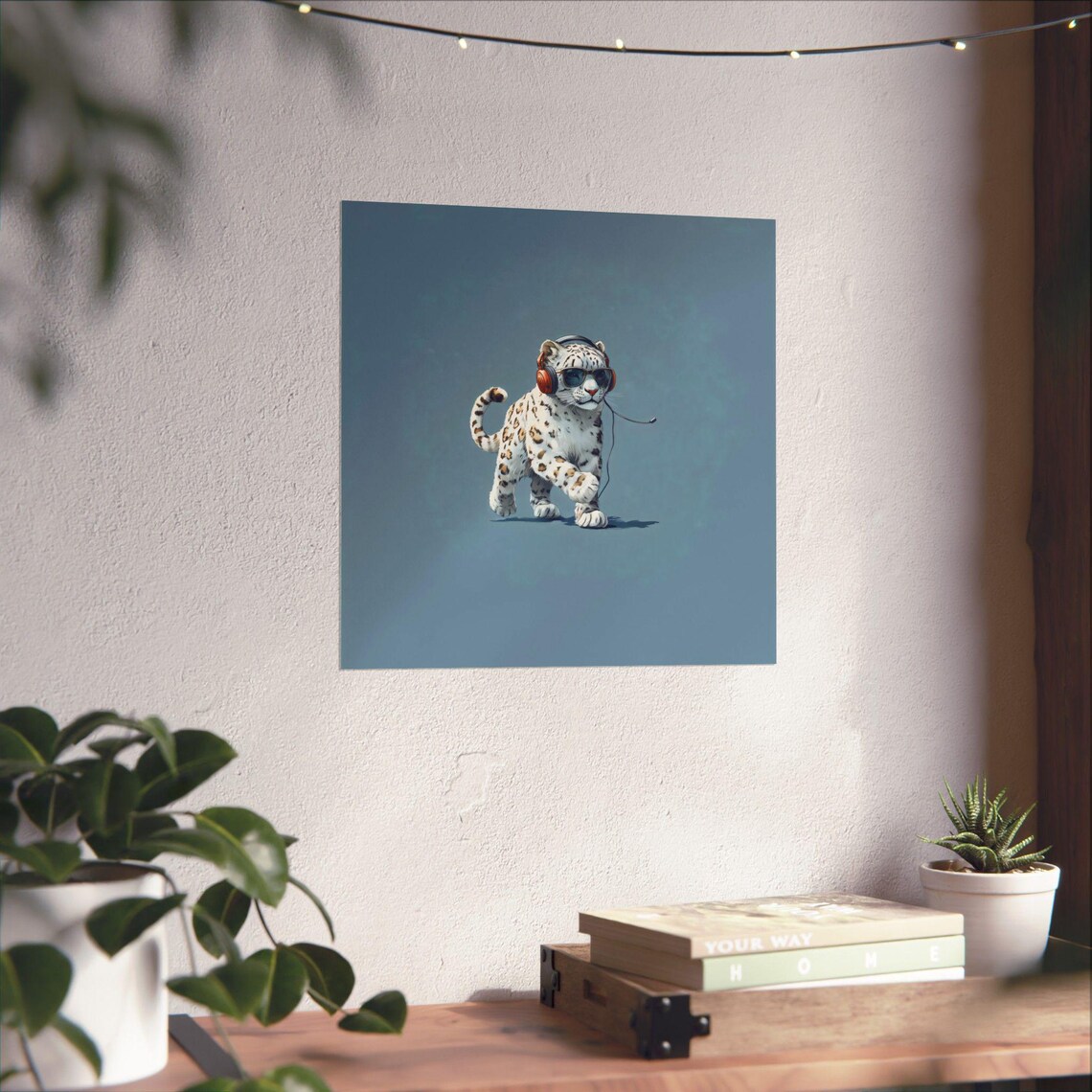 Snow Leopard Cub Sunglasses Headphones Cool Blue Animal Art Poster - Image 4