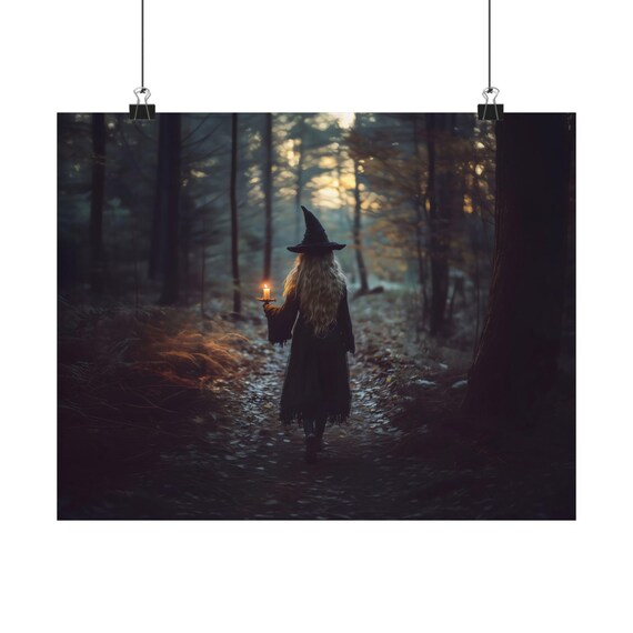 Lone Witch with Candle Walking Through Dark Forest Dusk Poster