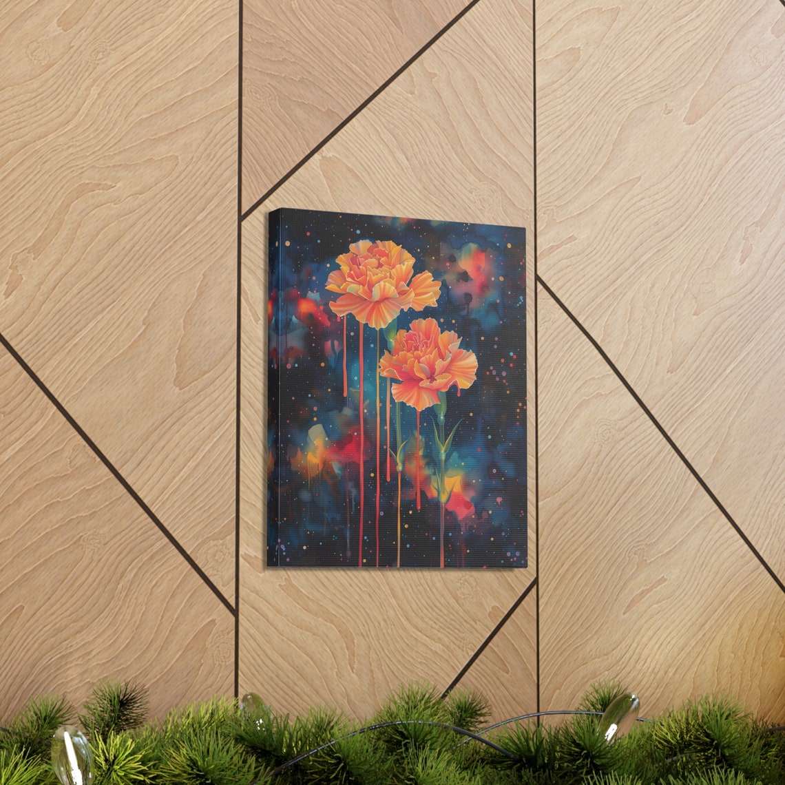 Orange Carnations Blooming Against a Starry Cosmic Night Sky Poster - Image 2