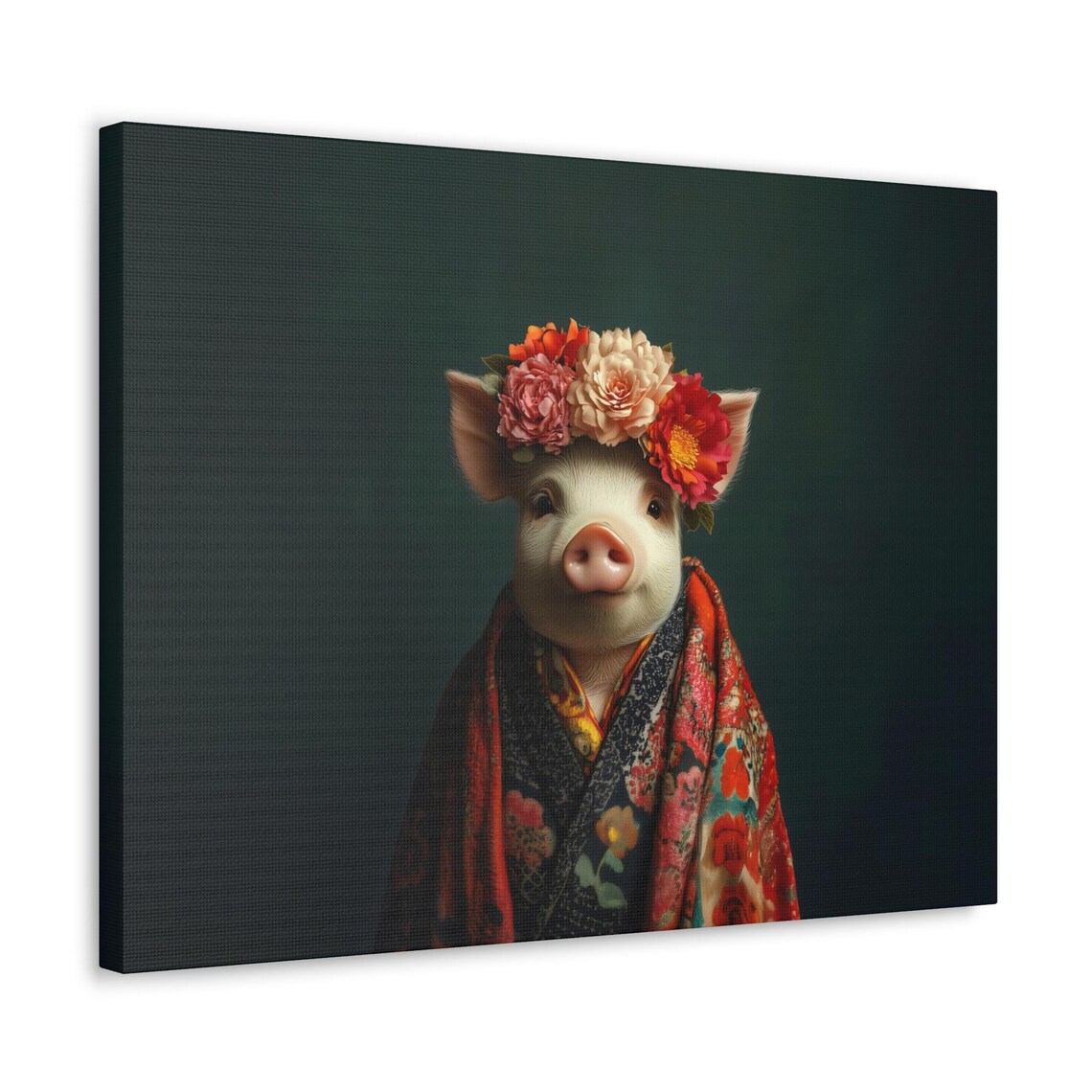 Pig In Floral Crown And Red Kimono Robe Dark Portrait Poster - Image 2
