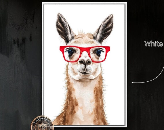 Quirky Llama With Red Glasses Framed Print Cute Alpaca Wall Art Funny Animal Painting Print Stylish Decor Gift Ready To Hang