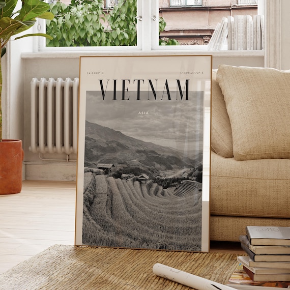 Vietnam Asia Black And White Vintage Rice Terraces Travel Photography Poster