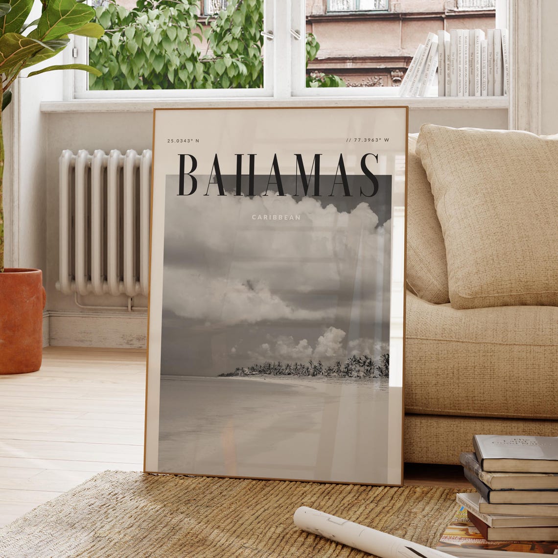 Bahamas Caribbean Modern Travel Wall Art Design Black And White Print Wanderlust Decor Home Office