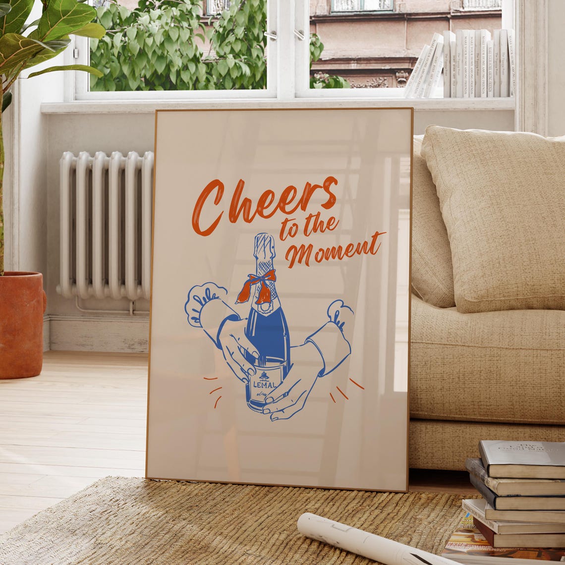 Cheers To The Moment Script Orange Blue Retro Bar Kitchen Poster