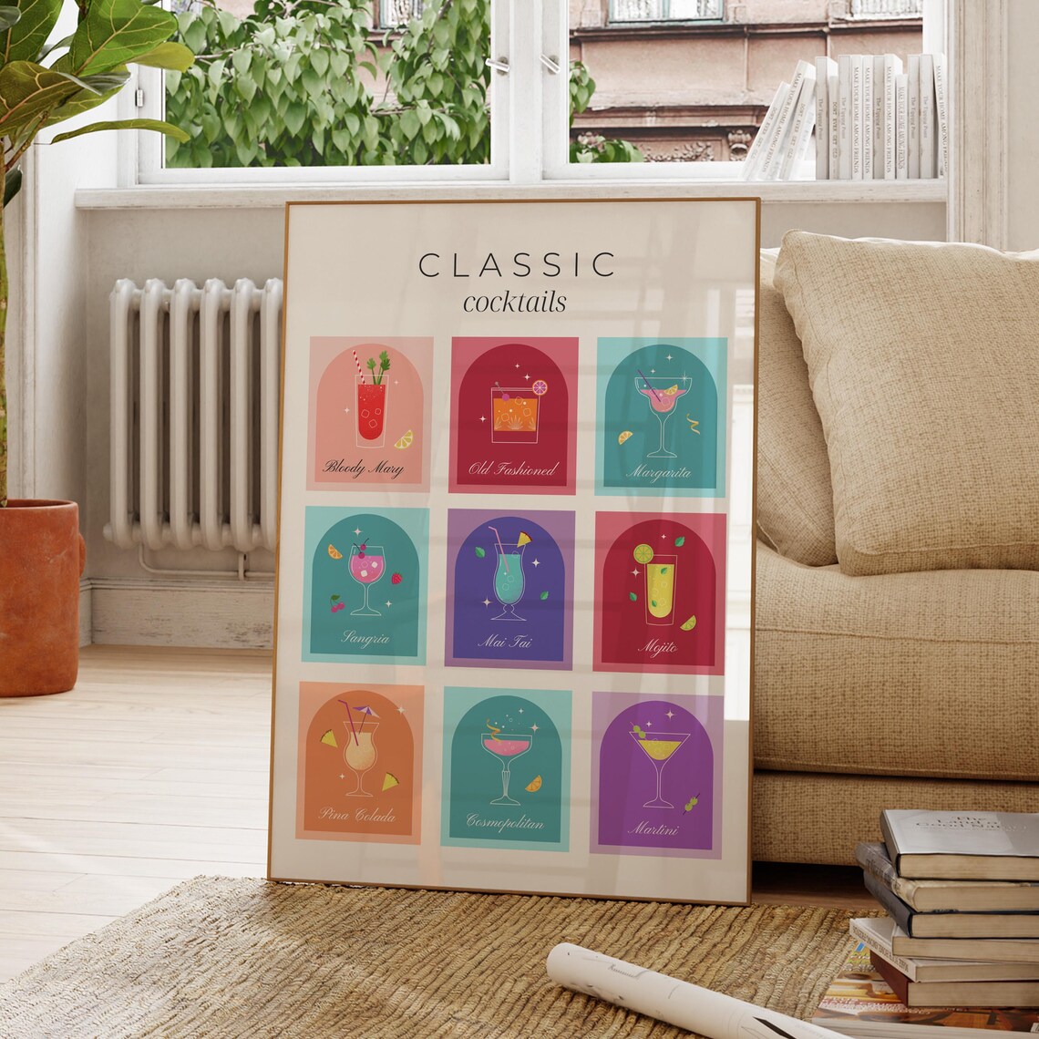 Classic Cocktails Illustrated Chart Colorful Bar Wall Poster