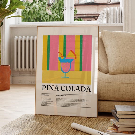 Pina Colada Cocktail Recipe Retro Tropical Bar Decor Art Poster