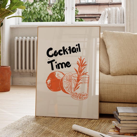 Cocktail Time Brush Lettering Cream Orange Citrus Bar Decor Poster