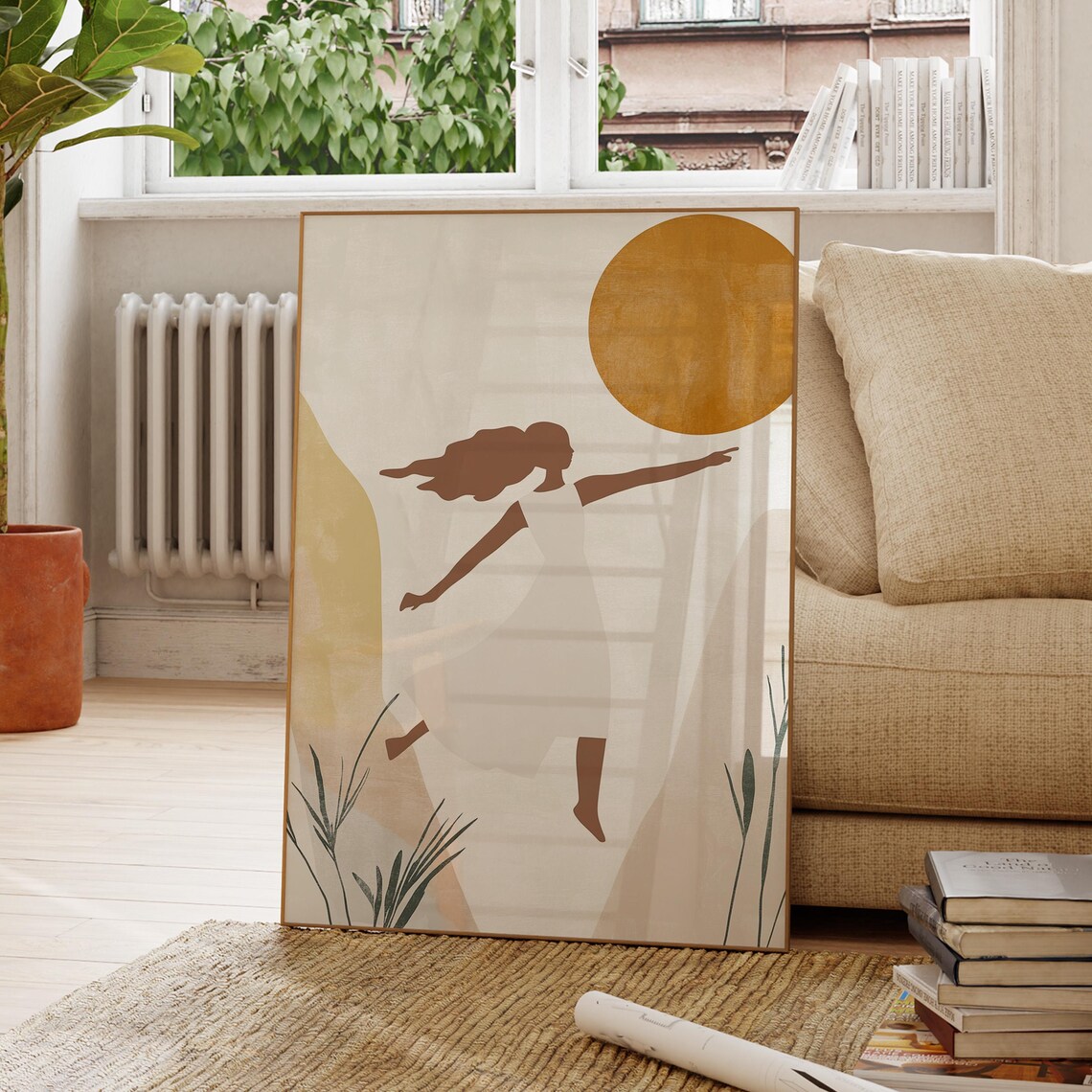 Leaping Woman Golden Sun Mediterranean Abstract Dance Poster