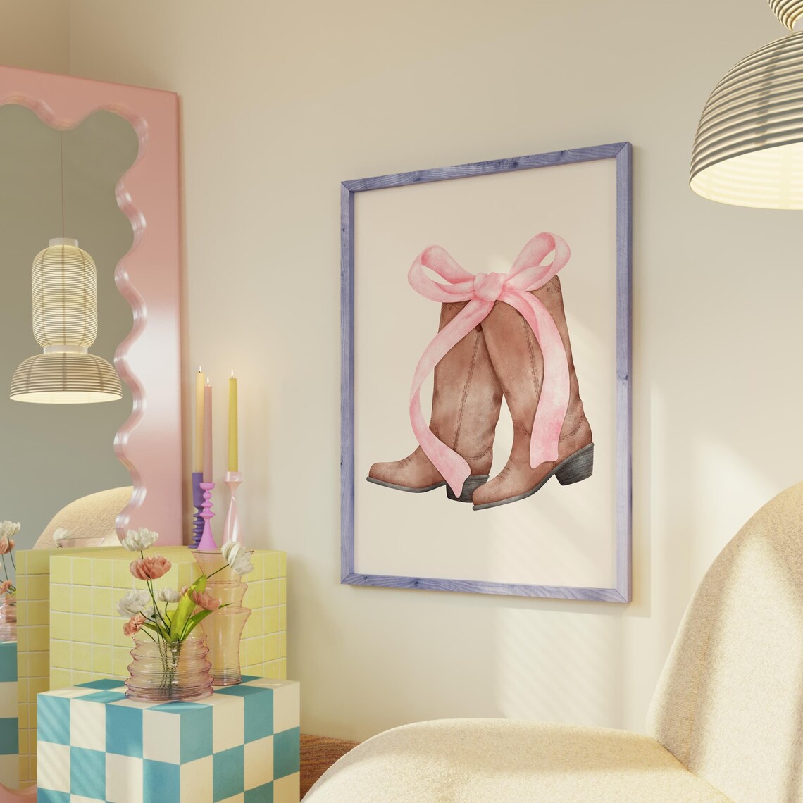 Cowboy Boots with Pink Ribbon Bow Watercolor Coquette Western Poster - Image 3