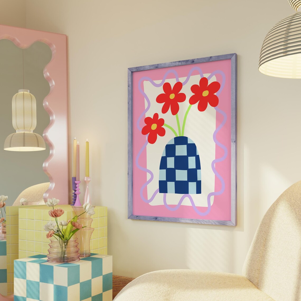 Red Daisies in Checkered Blue Vase Pink Wavy Frame Floral Poster