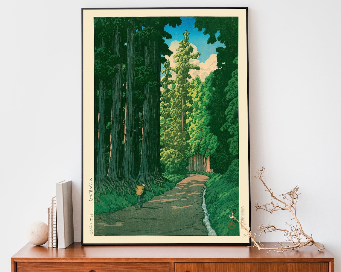 Nikko Cedar Forest Road Traveler Woodblock Style Nature Poster