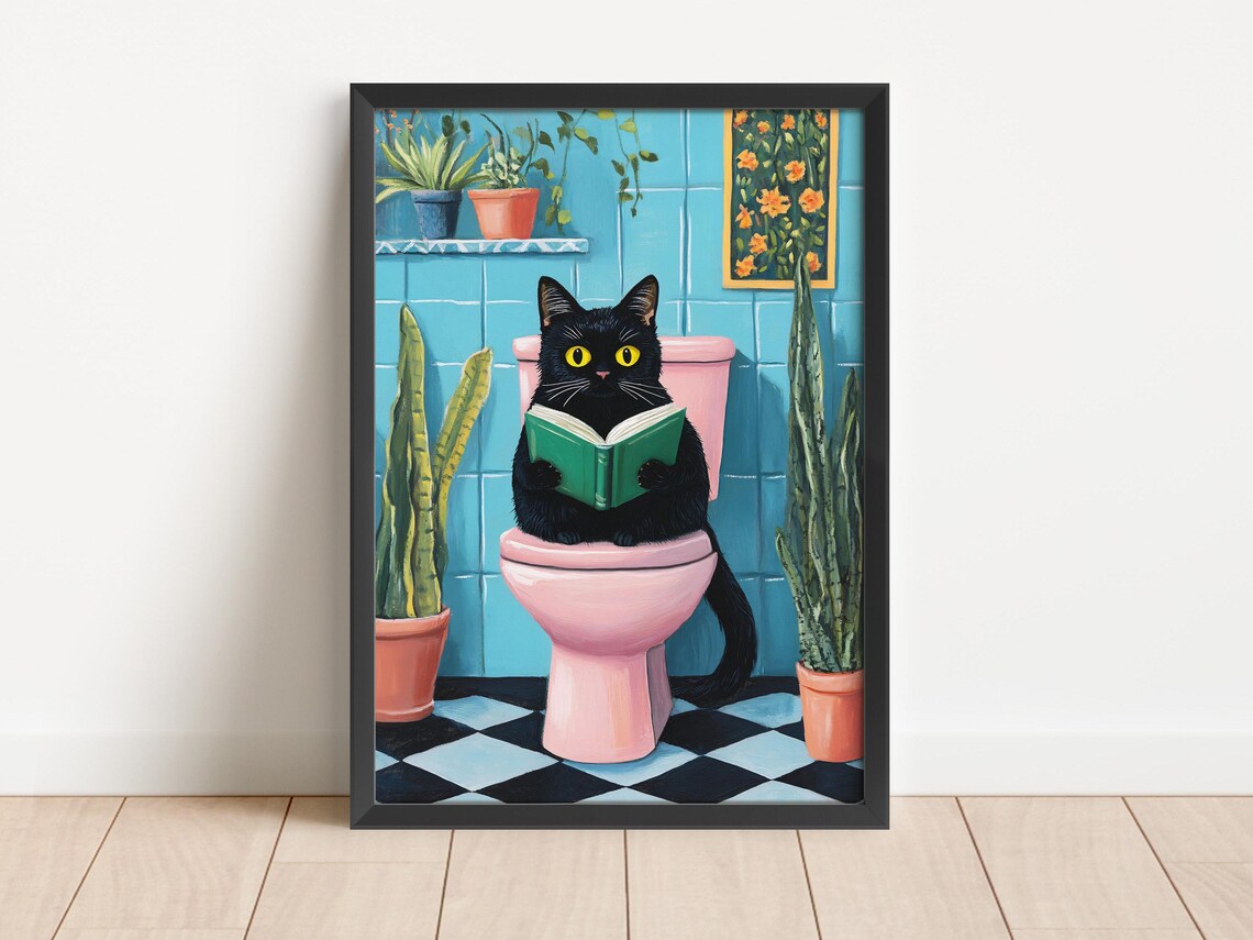 Black Cat on Toilet Retro Bathroom Wall Art Print