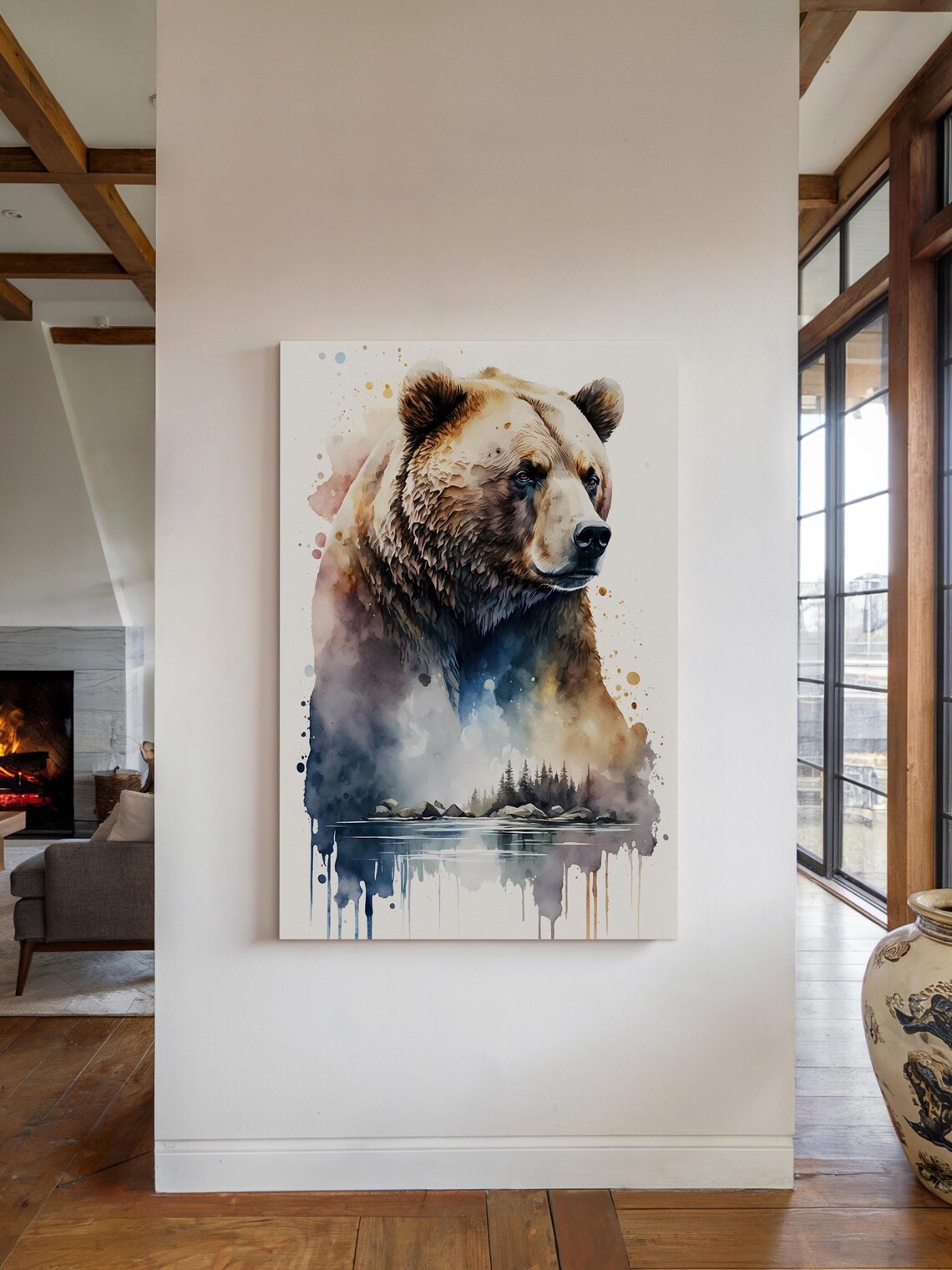Watercolor Grizzly Bear Pine Forest Lake Splash Painting Art Poster