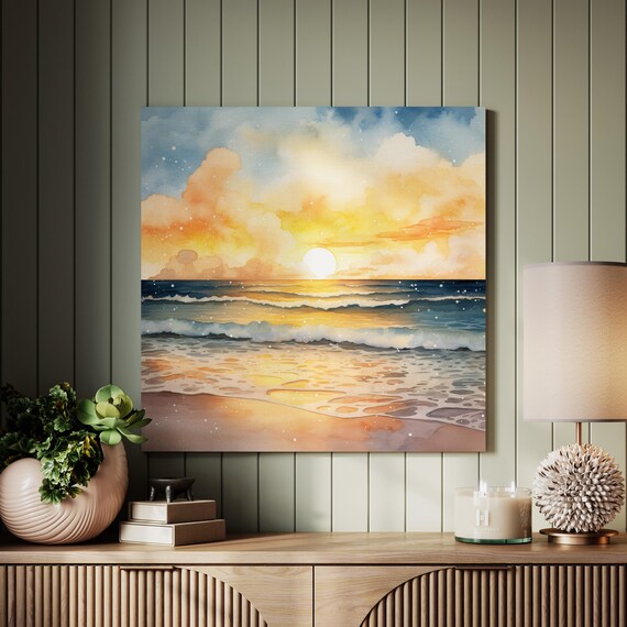 Golden Ocean Sunset Glowing Clouds Beach Watercolor Art Poster