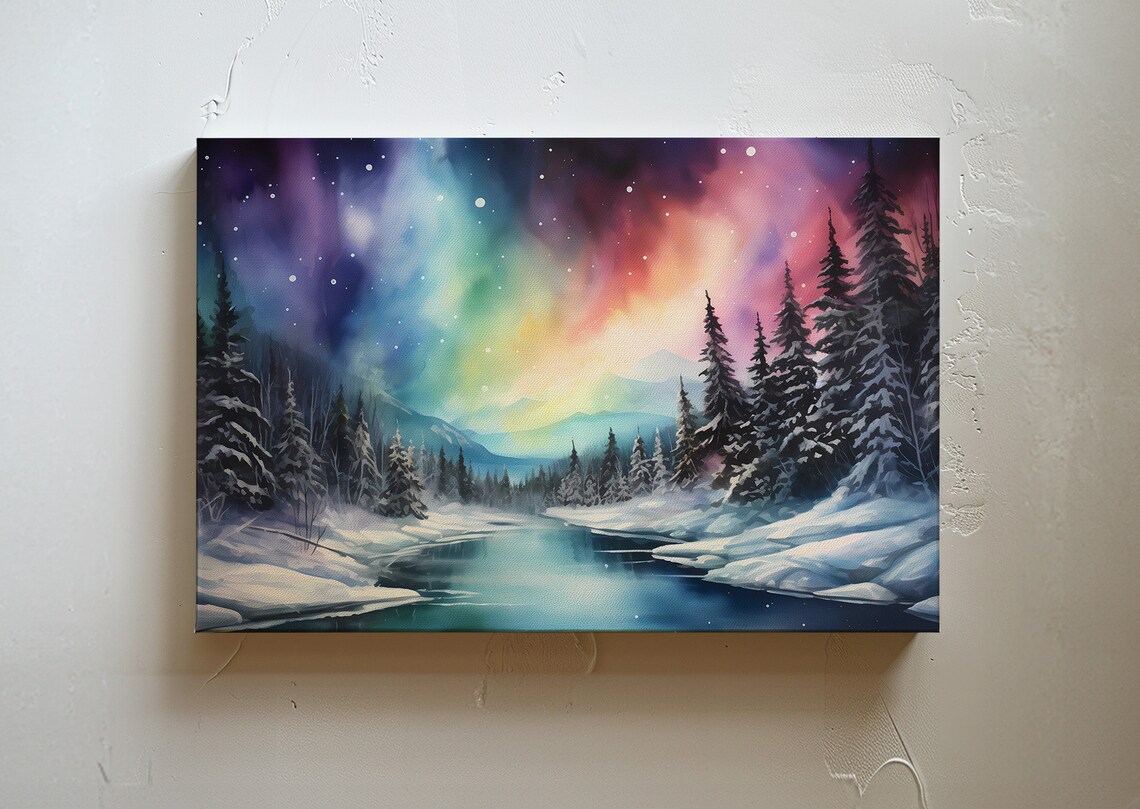 Watercolor Northern Lights Art Print, Winter Forest