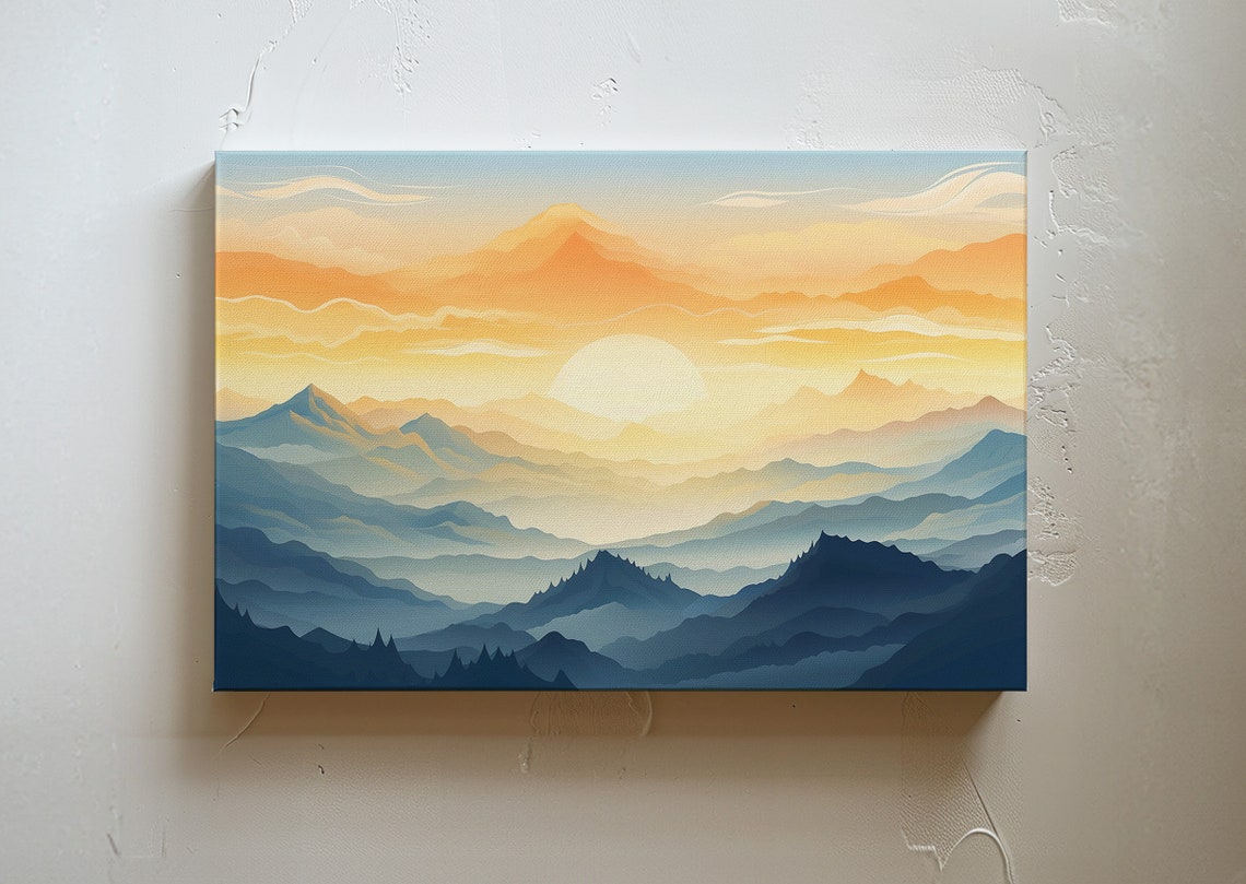 Abstract Layered Mountain Ridges Sunrise Blue Orange Boho Poster
