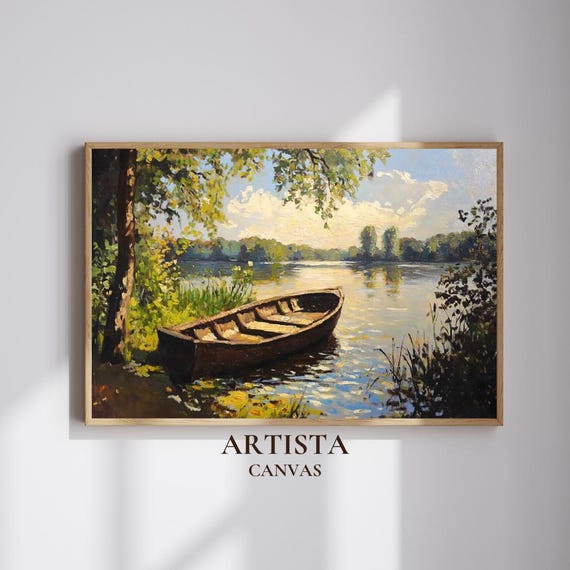 Rustic Boat On Lake Print Tranquil River Landscape Wall Art Nature Oil Painting Vintage House Decor