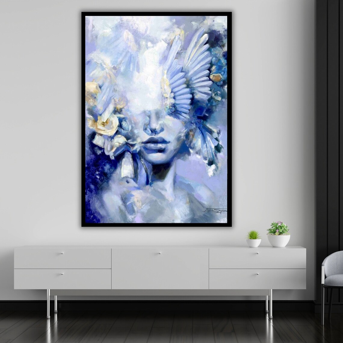Ethereal Angel Woman With White Feathers Blue Dream Portrait Art Poster - Image 5