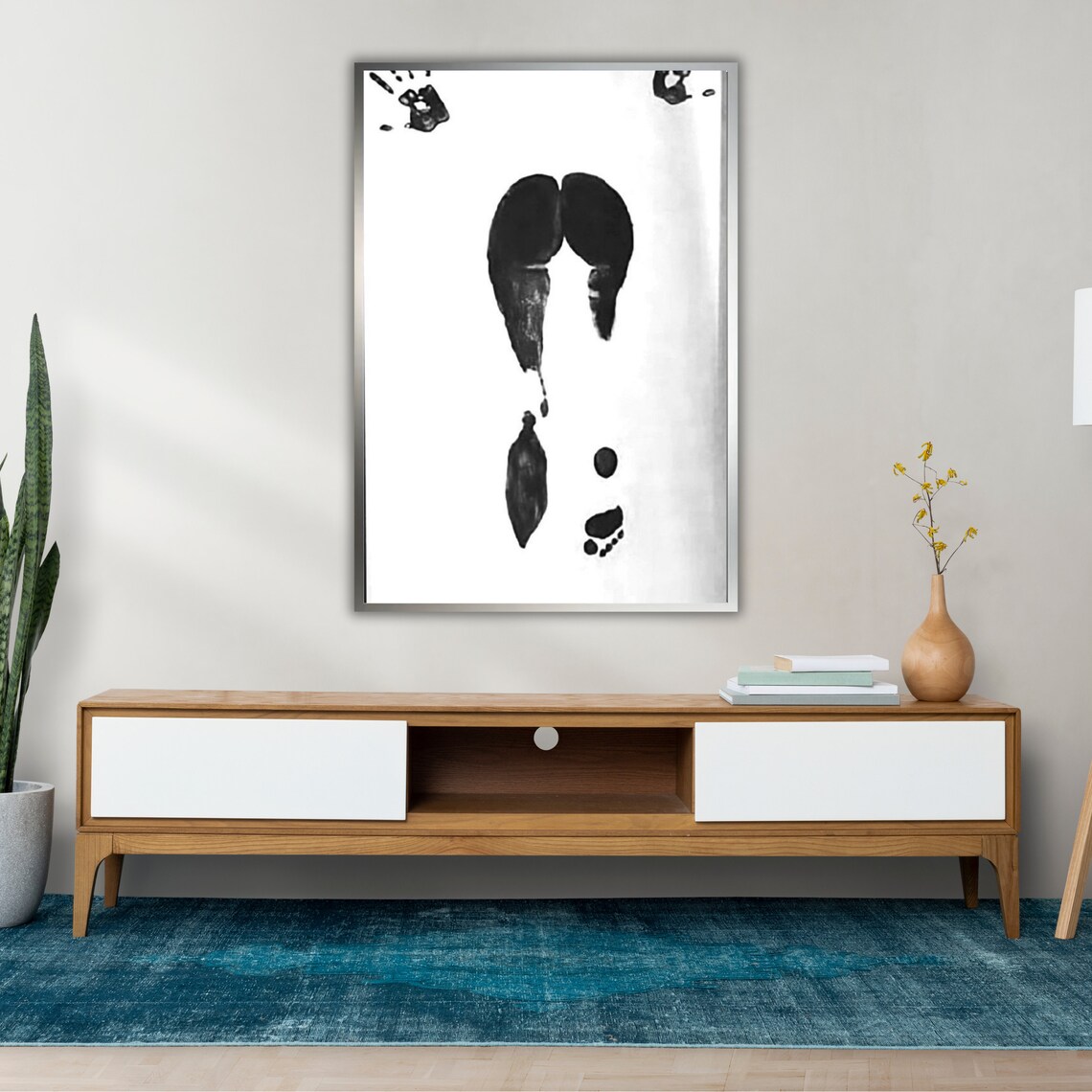 Minimalist Black Footprint Handprint White Background Abstract Modern Art Print - Image 2