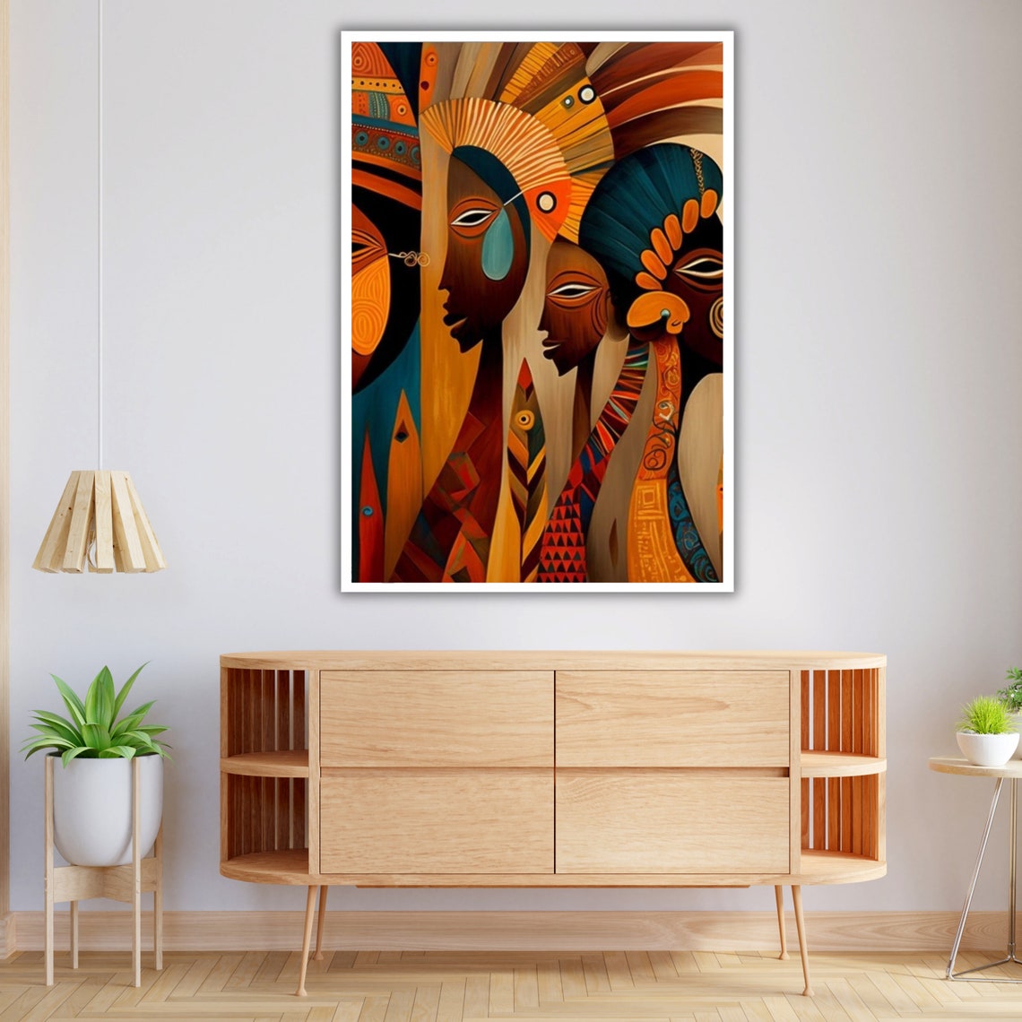 African Tribal Faces Headdresses Orange Teal Geometric Art Print - Image 4