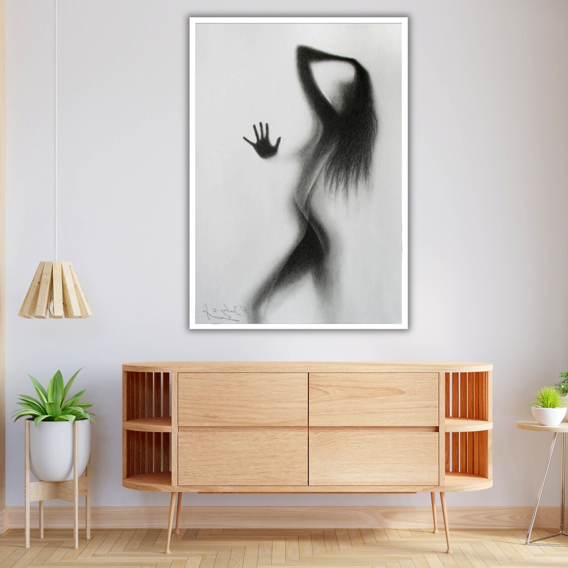 Charcoal Sketch Of Woman Silhouette Behind Glass With Handprint Wall Art - Image 4