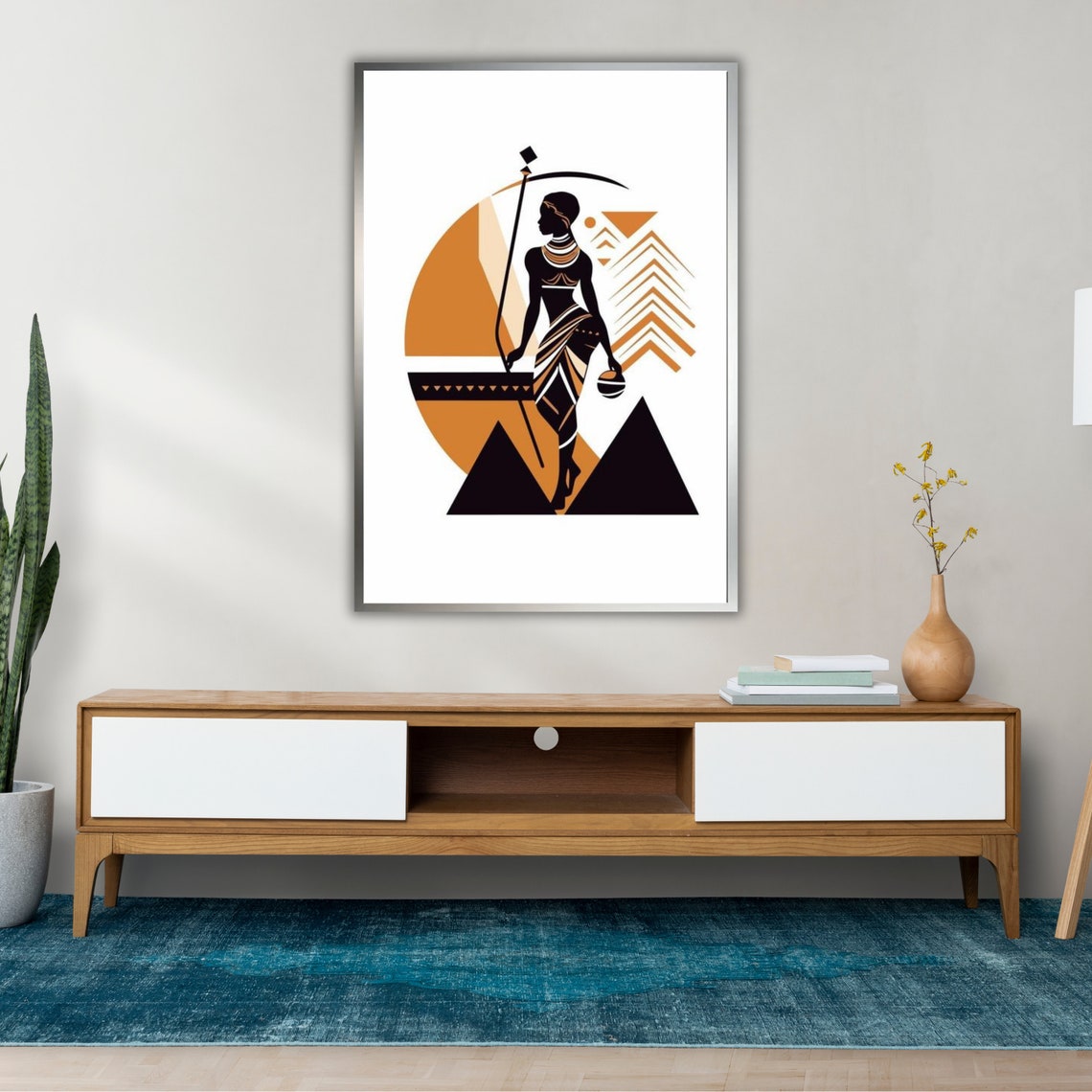 African Woman Silhouette Staff Geometric Sun Boho Tribal Wall Art - Image 2
