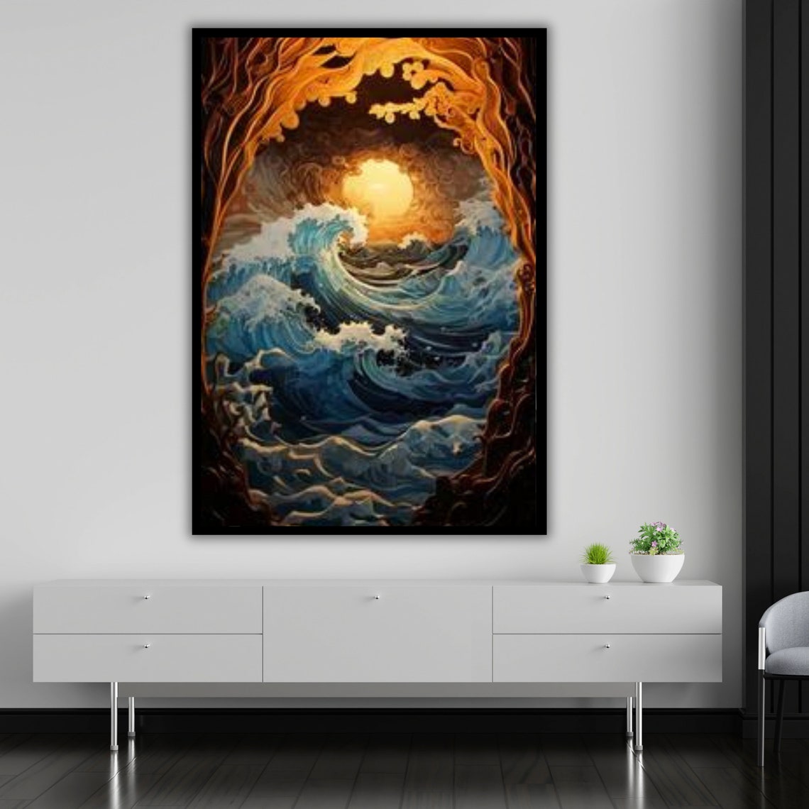 Surreal Ocean Wave Sunset Through Ancient Hollow Tree Art Print - Image 4