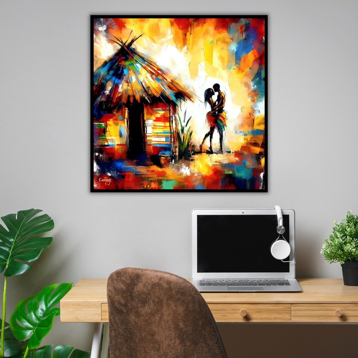 African Village Couple Embrace Colorful Hut Sunset Painting Poster - Image 4
