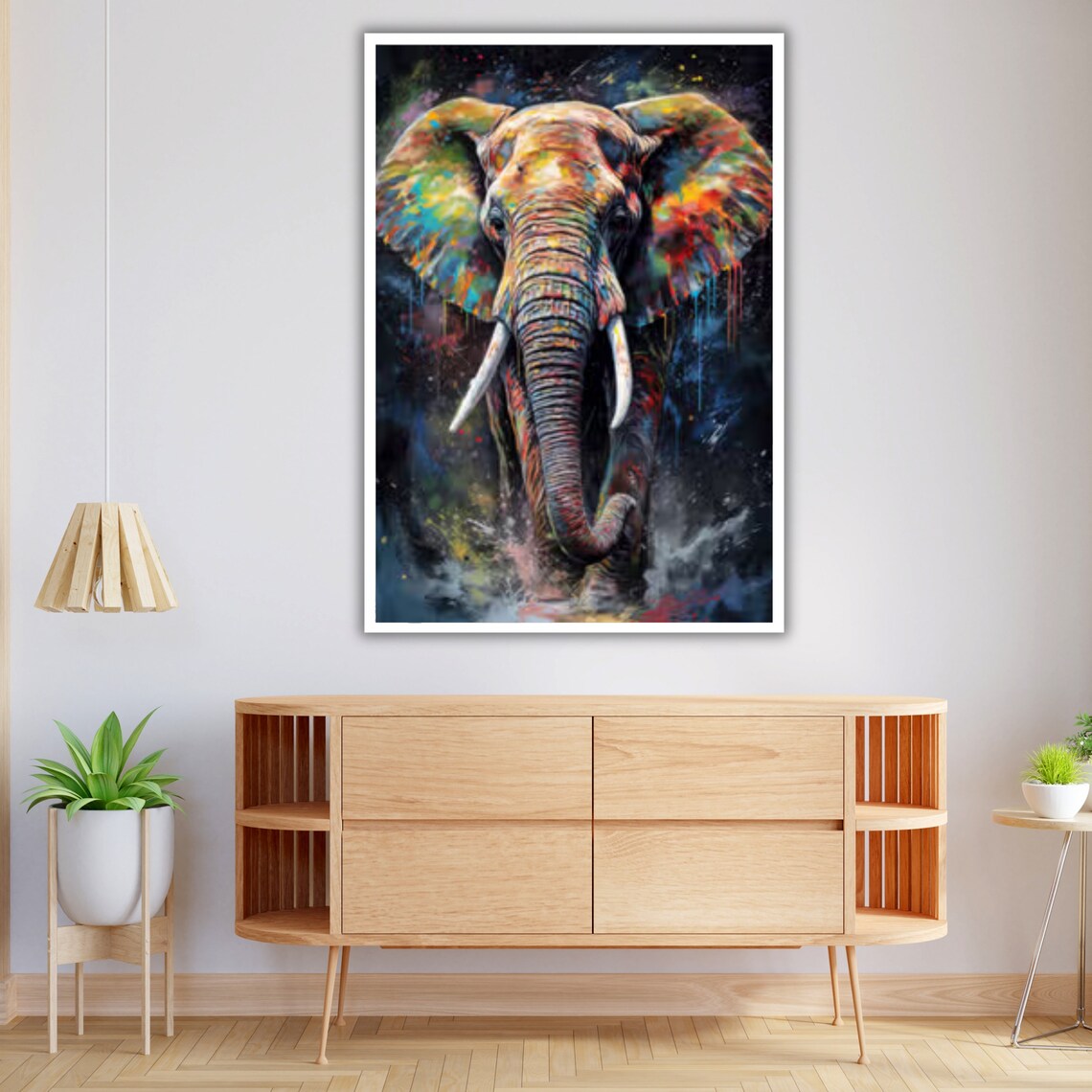 Colorful Elephant Paint Splashes Dramatic Dark Background Wildlife Art Print - Image 3