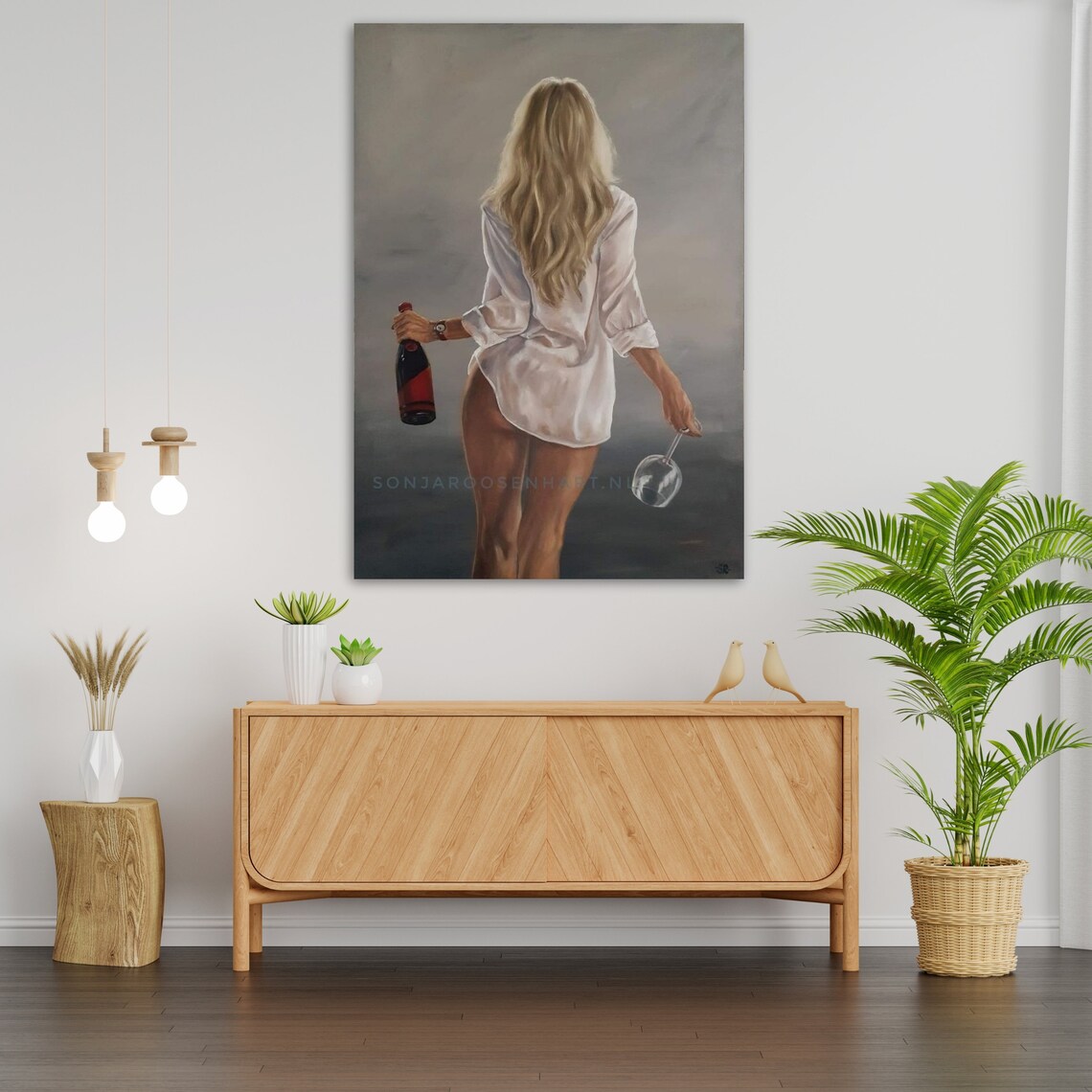 Woman In White Shirt Holding Wine Bottle And Glass From Behind Art Print - Image 3