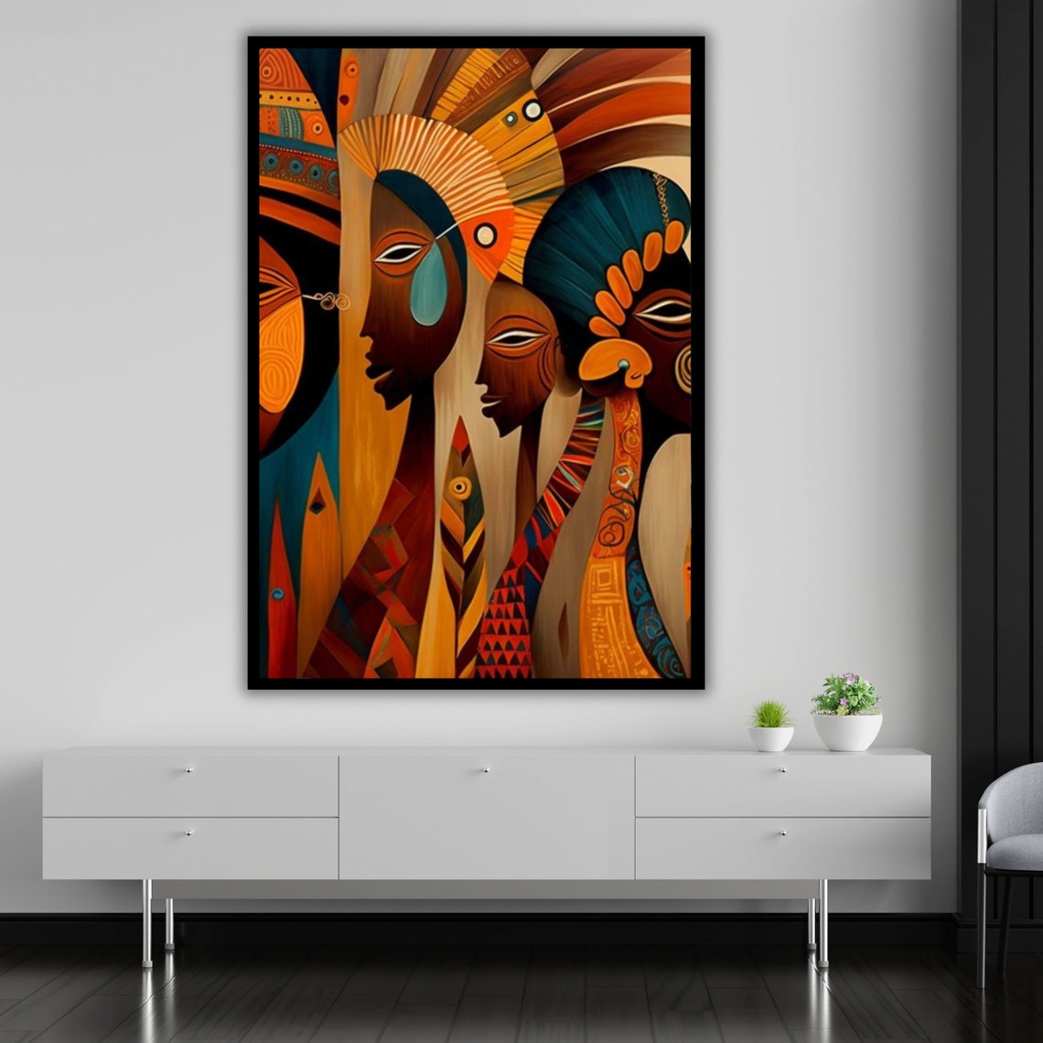 African Tribal Faces Headdresses Orange Teal Geometric Art Print - Image 5