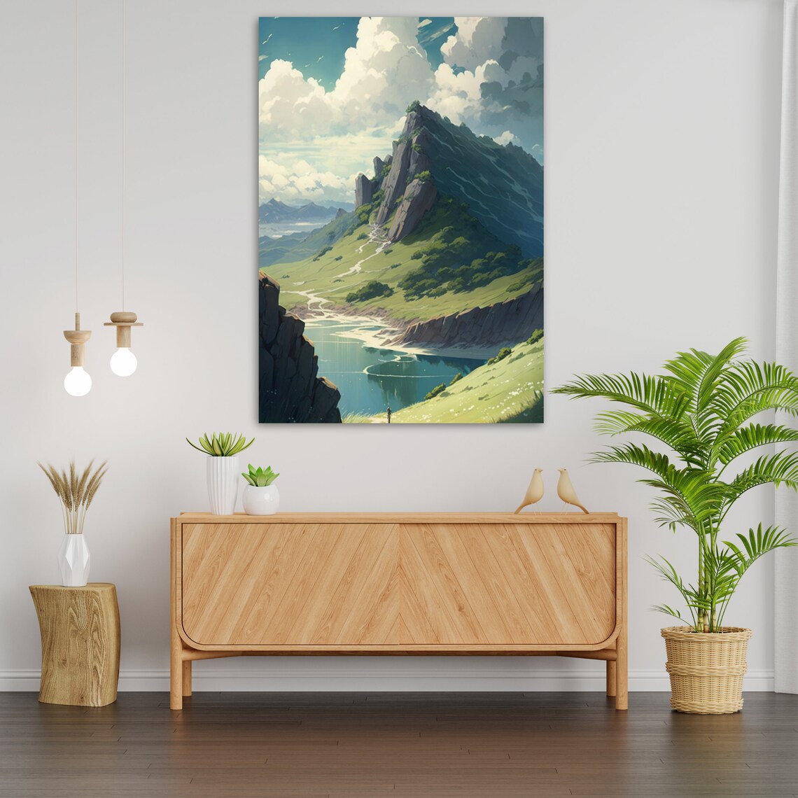 Anime Style Mountain Valley Lake Green Meadows Dreamlike Travel Poster - Image 3