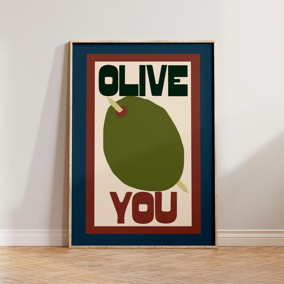 Retro Kitchen Wall Art Olive You Print Mid Century Modern Blue Brown Olives For