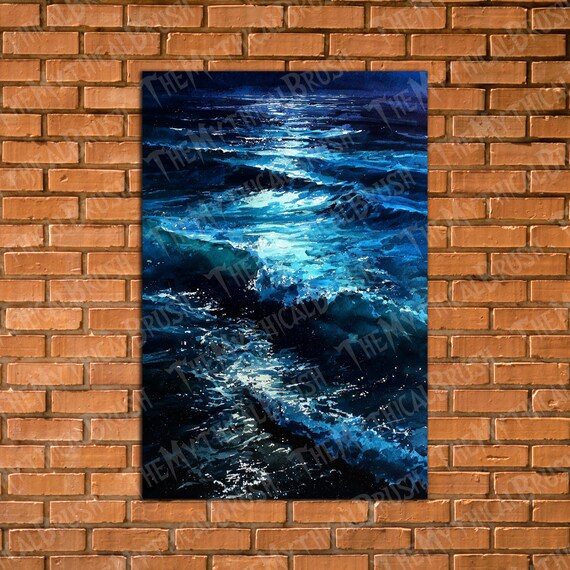 Crashing Ocean Waves Night Dark Blue Dramatic Watercolor Poster