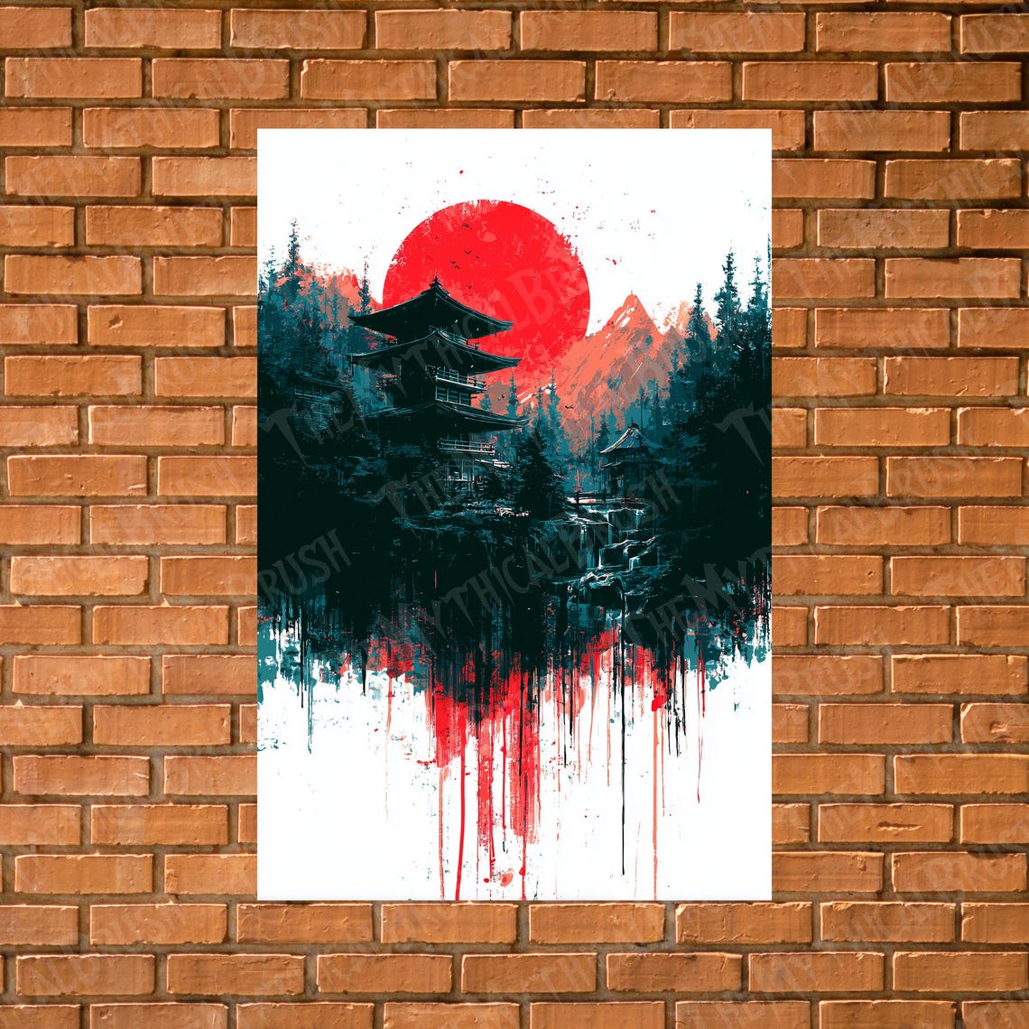 Red Sun Japanese Pagoda Dripping Ink Forest Mountain Art Poster