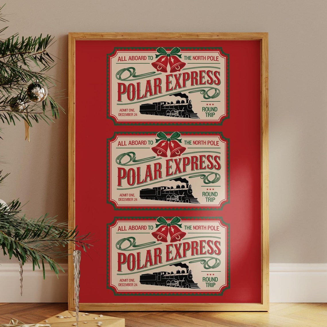 Polar Express North Pole Triple Ticket Red Christmas Holiday Poster