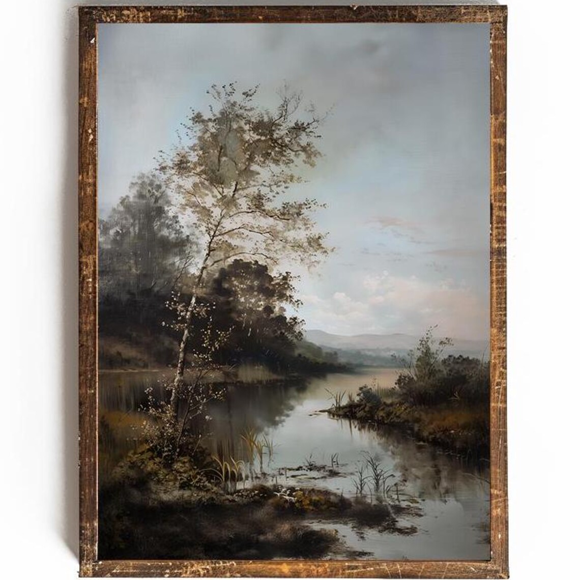 Serene Misty Pond With Slender Tree Soft Blue Landscape Poster