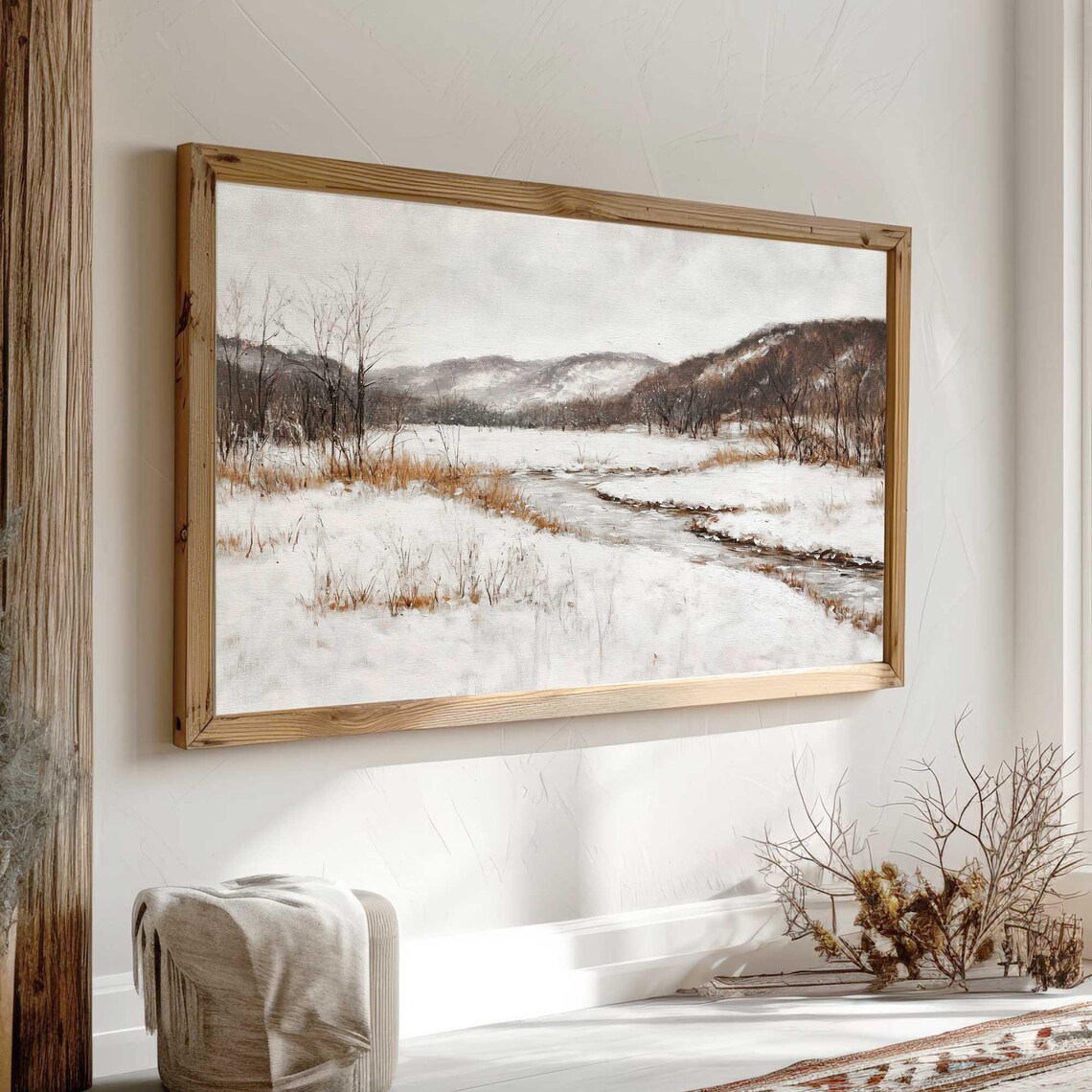 Snowy Valley Stream Quiet Winter Landscape Nature Watercolor Poster - Image 3
