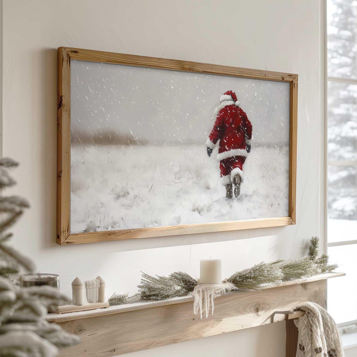 Santa Walking Away Through Heavy Snowfall Storm Winter Art Poster - Image 3