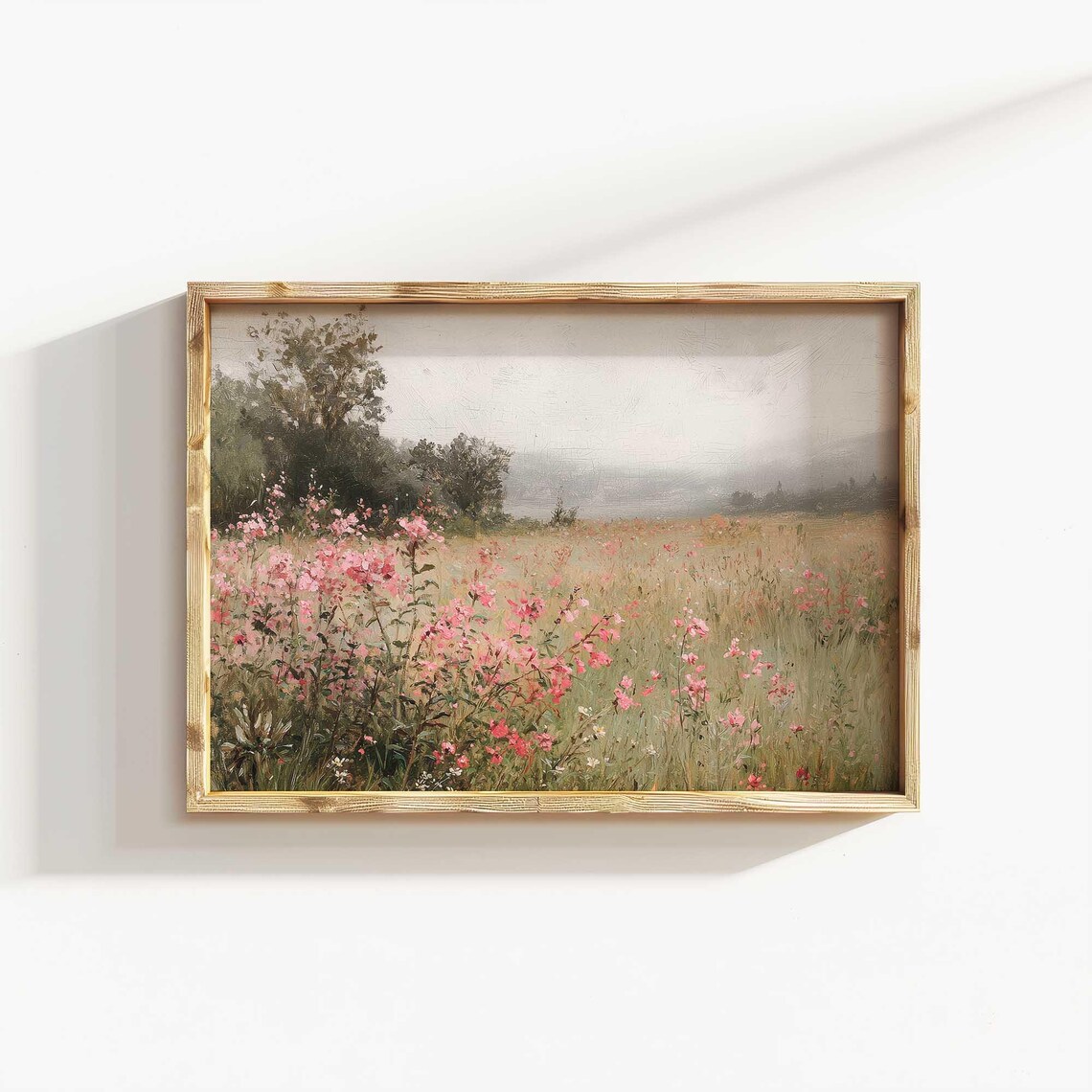 Pink Wildflower Field Misty Meadow Landscape Oil Painting Poster - Image 4