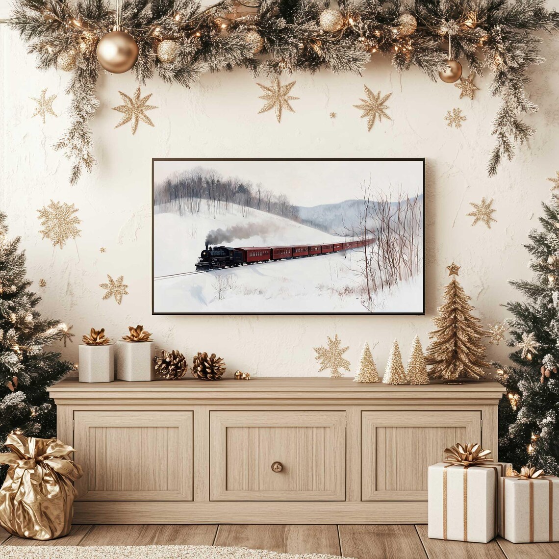Vintage Steam Train With Red Cars Crossing Snowy Winter Wall Art - Image 5