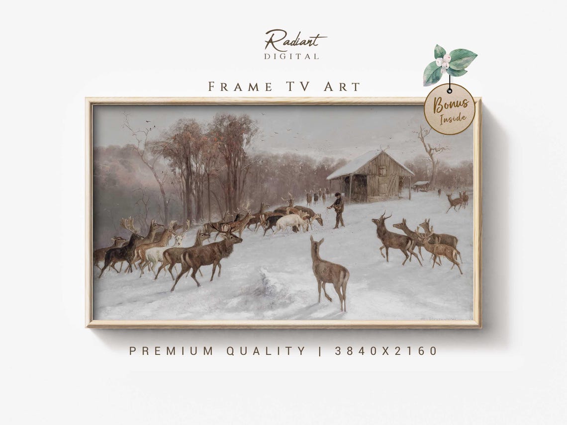 Antique Winter Deer Herd Feeding By Snowy Barn Painting Wall Art