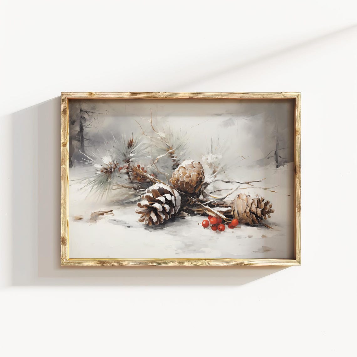 Winter Pine Cone Berry Still Life Watercolor Rustic Wall Art